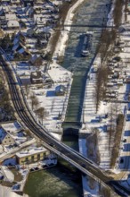 Aerial view, Werries Lock, Datteln-Hamm Canal, ice floes, snow, winter, inland waterway vessel,
