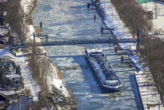 Aerial view, Werries Lock, Datteln-Hamm Canal, ice floes, snow, winter, inland waterway vessel,