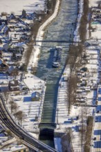Aerial view, Werries Lock, Datteln-Hamm Canal, ice floes, snow, winter, inland waterway vessel,