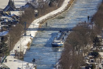 Aerial view, Werries Lock, Datteln-Hamm Canal, ice floes, snow, winter, inland waterway vessel,