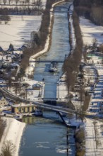 Aerial view, Werries Lock, Datteln-Hamm Canal, ice floes, snow, winter, inland waterway vessel,