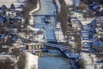 Aerial view, Werries Lock, Datteln-Hamm Canal, ice floes, snow, winter, inland waterway vessel,