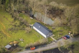 Aerial view of the nature lovers' hut Zum Eisernen Gustav in Hamm, Ruhr area, North