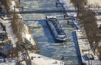 Aerial view, Werries Lock, Datteln-Hamm Canal, ice floes, snow, winter, inland waterway vessel,