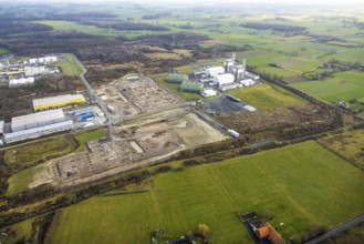 Aerial view Trianel gas power plant Hamm with construction site for Douglas distribution centre and