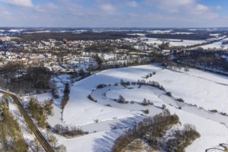 Aerial view, overview Hamm-Heessen, Lippe meander at the ferry road, Lippe and snow, Heessen, Hamm,