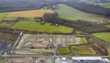 Aerial view construction site for Douglas distribution centre in the district Uentrop in Hamm, Ruhr