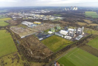 Aerial view Trianel gas power plant Hamm with construction site for Douglas distribution centre and