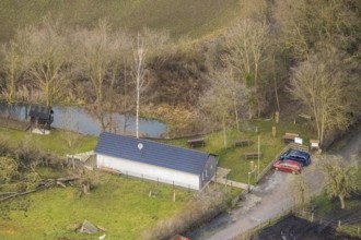 Aerial view of the nature lovers' hut Zum Eisernen Gustav in Hamm, Ruhr area, North