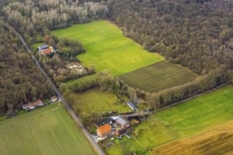 Aerial view nature friends hut Zum Eisernen Gustav with field at the edge of the Geithe forest in