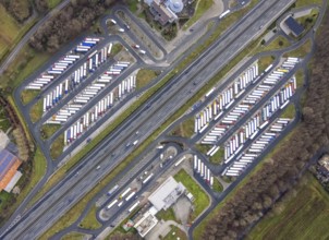 Aerial view motorway service area Rhynern-Nord and Rhynern-Süd on the A2 motorway, truck parking,