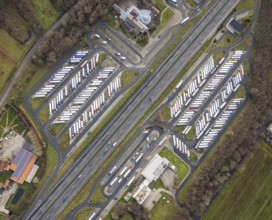 Aerial view motorway service area Rhynern-Nord and Rhynern-Süd on the A2 motorway, truck parking,