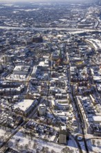 Aerial view, overview city centre Hamm in winter, snow-covered roofs, centre, Hamm, Ruhr area,
