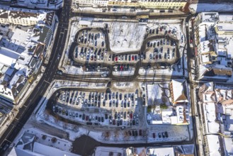 Aerial view, car park Santa-Monica-Platz, location former synagogue, parked cars in the snow,