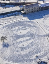 Aerial view, snow-covered field Marker Dorfstraße, winter, vehicle tracks in the snow, Uentrop,