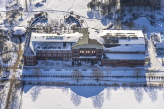 Aerial view, Maxipark, Maximilianpark in winter, machine hall, glass elephant, former Maximilian