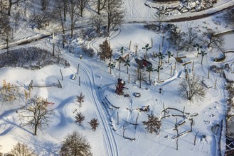 Aerial view, Maxipark, Maximilianpark in winter, water playground with snow, former Maximilian