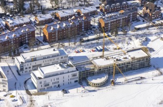 Aerial view, snow, winter, construction area Paracelsuspark with innovation centre, SCI:Q Science
