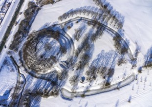 Aerial view, Burghügel Mark, snow, winter, Uentrop, Hamm, Ruhr area, North Rhine-Westphalia,
