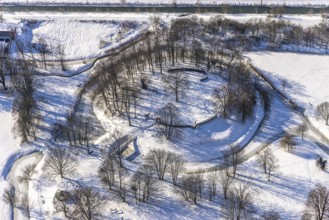 Aerial view, Burghügel Mark, snow, winter, Uentrop, Hamm, Ruhr area, North Rhine-Westphalia,