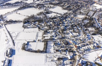 Aerial view, snow-covered sports facility, snow on roofs and streets, VFL Mark, Realschule Mark,