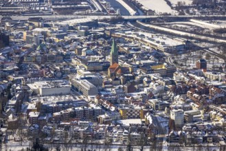 Aerial view, snow, winter, Protestant St. Paul's Church, Hamm-Mitte, Hamm, Ruhr area, North