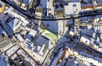 Aerial view, Renovated Protestant Youth Church Martin-Lutzher, Martin-Luther-Platz, snow, winter,