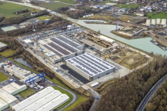 Aerial view Goldbeck concrete elements at the Datteln-Hamm Canal in Hamm, Ruhr area, North