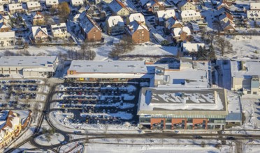Aerial view, shopping centre, Aldi, Lidl, Edeka, car park, Westpress-Arena, snow, winter, Uentrop,