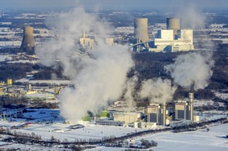 Aerial photo, Trianel Gaskraftwerk Hamm GmbH & Co. KG, GUD, winter, snow, Uentrop, Hamm, Ruhr area,