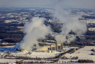 Aerial photo, Trianel Gaskraftwerk Hamm GmbH & Co. KG, GUD, winter, snow, Uentrop, Hamm, Ruhr area,