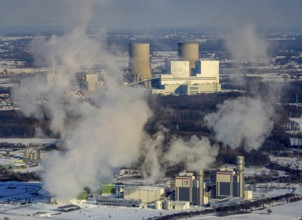 Aerial photo, Trianel Gaskraftwerk Hamm GmbH & Co. KG, GUD, winter, snow, Uentrop, Hamm, Ruhr area,