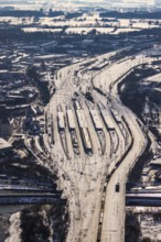 Aerial view, Hamm main station, tracks and platforms in the snow, winter, centre, Hamm, Ruhr area,