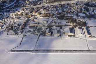 Aerial photo, airfield EDLH, snow-covered areas, winter, cleared runway, centre, Hamm, Ruhr area,