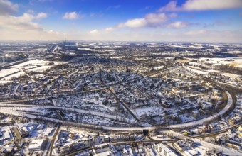 Aerial view, overview Hamm-Heessen from the centre in west direction, snow, winter, Hamm, Ruhr