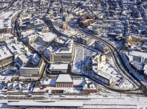 Aerial view, Hamm main station, tracks and platforms in the snow, winter, city centre,