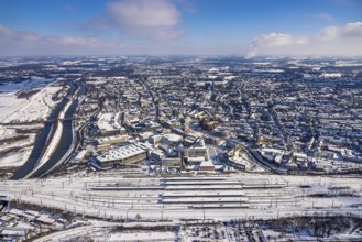 Aerial view, Hamm main station, tracks and platforms in the snow, winter, overview centre,