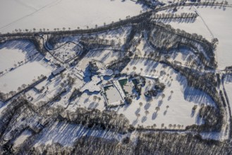 Aerial view, Hotel Selbachpark with outdoor pool Selbachpark, snow-covered areas, winter, Pelkum,