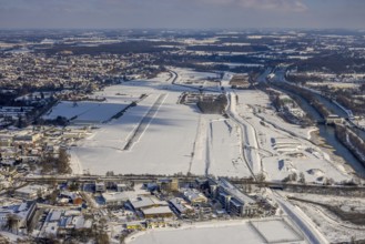 Aerial view, Hamm EDLH airfield, Lippe, Datteln-Hamm canal, bridge federal road B63 Münsterstraße,