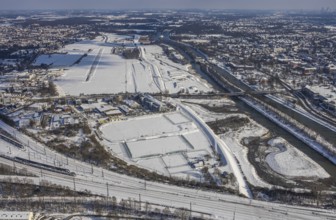 Aerial view, Hamm EDLH airfield, Lippe, Datteln-Hamm canal, bridge federal road B63 Münsterstraße,