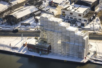 Aerial view, construction site renovation of the historic crane in Hammer harbour, technical