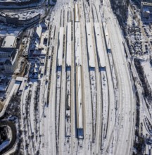 Aerial view, Hamm main station, tracks and platforms in the snow, winter, centre, Hamm, Ruhr area,