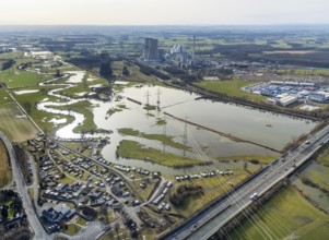 Aerial view, Lippe meander, Lippe with flood, Schmehauser Mersch, Campingplatz Uentrop Helbach