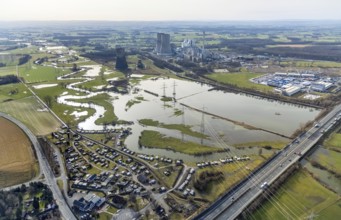 Aerial view, Lippemäande, Lippe with flood, Schmehauser Mersch, Campingplatz Uentrop Helbach GmbH,