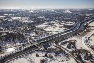 Aerial view, bridge ferry road over Lippe and Datteln-Hamm Canal, snow, winter, Heessen, Hamm, Ruhr