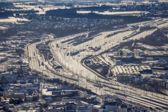 Aerial view, marshalling yard, snow, winter, centre, Hamm, Ruhr area, North Rhine-Westphalia,