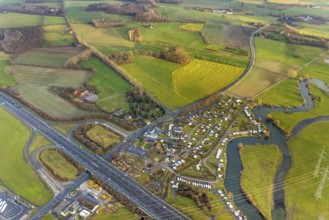 Aerial view motorway A2 with motorway junction Hamm-Uentrop and planned industrial area Westfalen