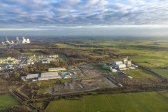 Aerial view Trianel gas power plant Hamm with construction site for Douglas distribution centre and