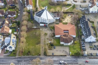 Aerial view catholic parish of St. Boniface with roof renewal of the St. Bonifatius Church in Hamm,