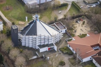 Aerial view catholic parish of St. Boniface with roof renewal of the St. Bonifatius Church in Hamm,